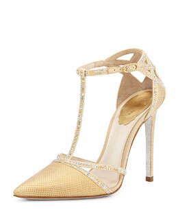 X2FK3 Rene Caovilla Lizard &amp;amp; Crystal T-Strap Pump, Champagne Gold