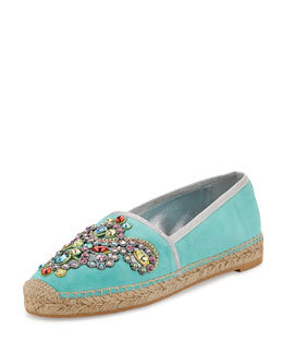 X2FGH Rene Caovilla Crystal-Embellished Suede Espadrille, Aqua