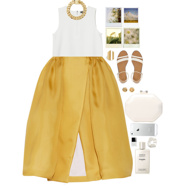 A fashion look from May 2014 featuring sparkly tank top, brown midi skirt and peep toe flat shoes. Browse and shop related looks.