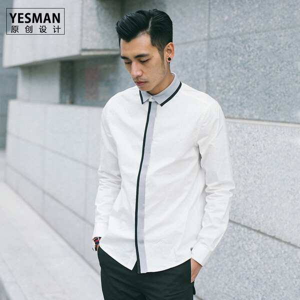YESMAN原创设计男装 春装新款休闲男士长袖衬衣 拼料白色衬衫潮