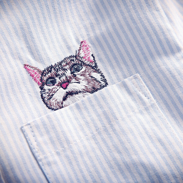 小呆家 MCC 日系复古清新条纹衬衣 港式小猫刺绣文艺男长袖衬衫