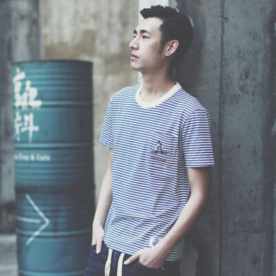 2015夏季 日系流行男装海军风米奇刺绣条纹休闲短袖T恤衫男