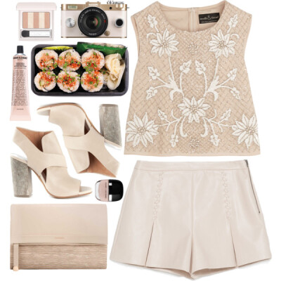 A fashion look from April 2015 featuring beige tops, pink shorts and strappy sandals. Browse and shop related looks.