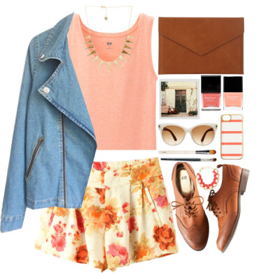 A fashion look from April 2015 featuring red top, jean jacket and floral shorts. Browse and shop related looks.