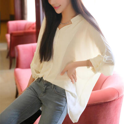 2015夏装韩国单排扣宽松纯色雪纺衬衫哒中长款蝙蝠袖唯美上衣