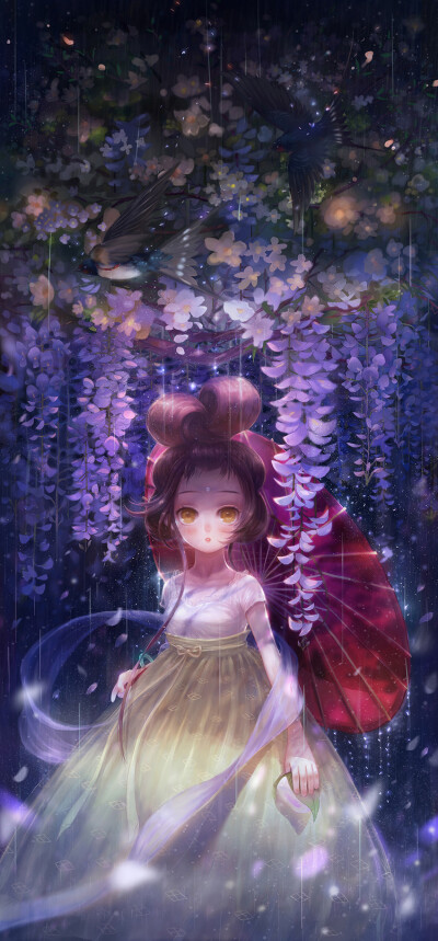 子夜春雨，藤花架下，故人去，燕子归。-李若绮_古风,短诗,原创,花枝春满,小七,节气_涂鸦王国插画