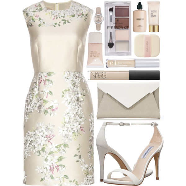 A fashion look from April 2015 featuring mini dress, white sandals and envelope clutch. Browse and shop related looks.