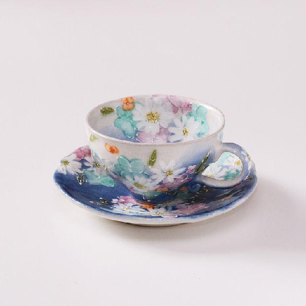 日本进口 濑户烧 手工甜美梦幻彩绘陶器 咖啡红茶杯碟套装 