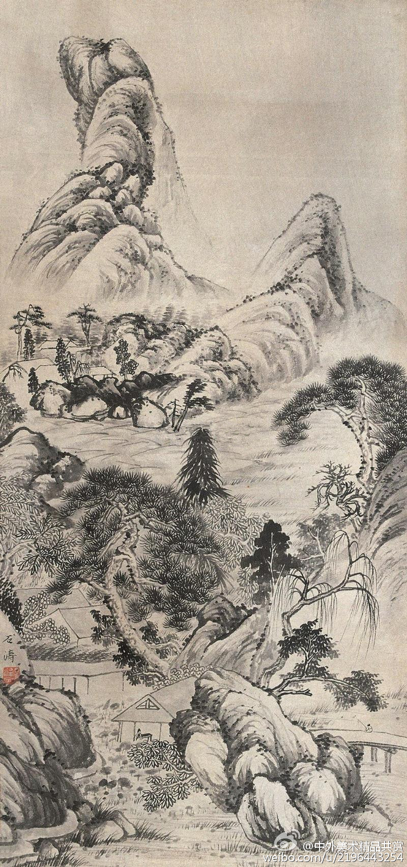 石濤（1630一1724年）2 ——其作畫構圖新奇，無論是黃山雲煙，江南水墨，還是懸崖峭壁，枯樹寒鴉，或平遠、深遠、高遠之景，都力求佈局新奇，意境翻新。他尤其善用“截取法”以特寫之景傳達深邃之境；他還講求氣勢，筆情恣肆，淋漓灑脫，不拘小處瑕疵，作品具有一種豪放鬱勃的氣勢，以奔放之勢見勝。