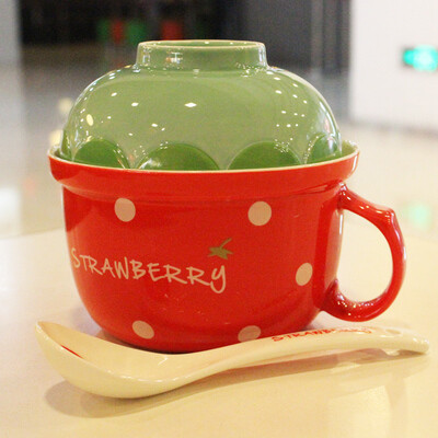 新品 创意西瓜泡面碗带勺可爱水果碗 草莓饭盒汤碗带盖礼品碗