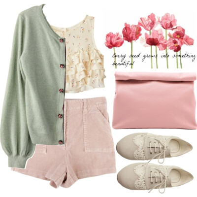 A fashion look from April 2015 featuring green cardigan, flounce crop top and pink shorts. Browse and shop related looks.