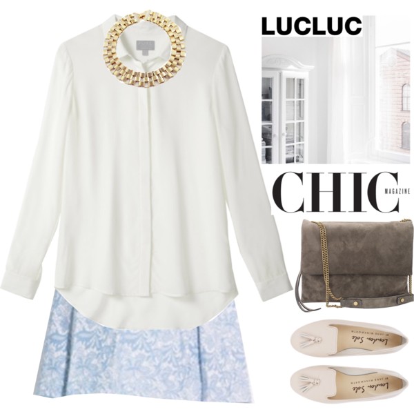 #lucluc @lucluc Skirt: http://www.lucluc.com/bottoms/lucluc-blue-jacquard-pleated-skirts.html Necklace: http://www.lucluc.com/accessories/necklaces/lucluc-gold-hollow-alloy-necklace.html Shop at http://www.lucluc.com