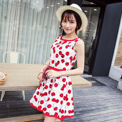 未央2015春夏装女装韩版修身圆领无袖樱桃图案套裙连衣裙