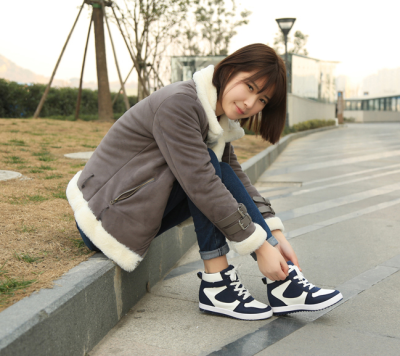 2015韩版春季新款高帮鞋厚底运动风女鞋学生系带隐形内增高休闲鞋