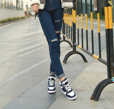 2015韩版春季新款高帮鞋厚底运动风女鞋学生系带隐形内增高休闲鞋