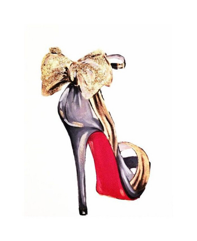 #时尚手绘高跟鞋# Print of Gold Glitter Bow Louboutin High Heel Fashion Illustration 曦 @晨曦小径