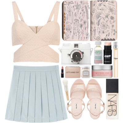 A fashion look from April 2015 featuring bralet tops, blue skirt and clogs footwear. Browse and shop related looks.