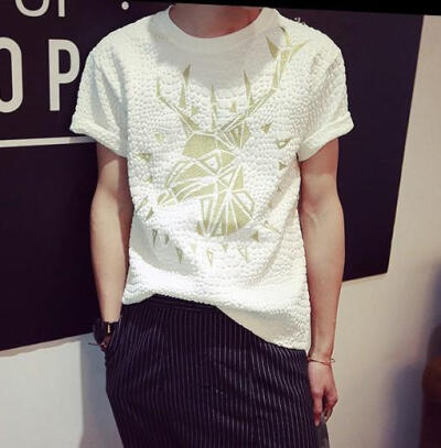 2015韩国男装复古鹿头刺绣男士韩版空气层压花短袖T恤