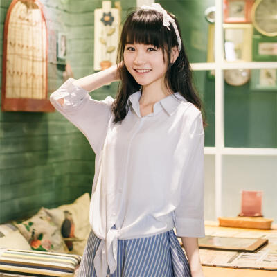 么宁 夏季纯白色防嗮衣女衬衣 日系小清新甜美学院风下摆系带衬衫