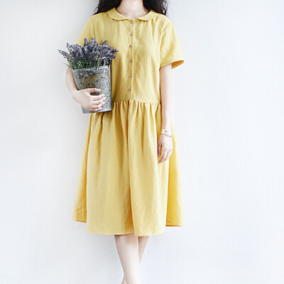 鱼岛主人 黄色侧写2014夏新品棉麻宽松短袖连衣裙