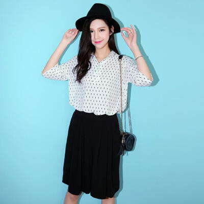 QUEENZZ休闲韩系2015春夏 气质中袖小羽毛雪纺衬衫韩版CS189