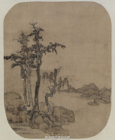 【 元 赵元 《树石图》】纨扇，绢本设色，25×19.7cm，北京故宫博物院藏。 此图画古树四株，远处平溪小山。无款，左下方钤“赵元私印”和“善长”二印。不见著录。赵元的画，传世的极少，此件堪称宝中之宝。赵元（？…