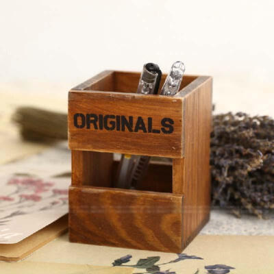 zakka 复古木盒子 做旧木质桌面遥控器收纳盒 实木单格笔筒置物盒