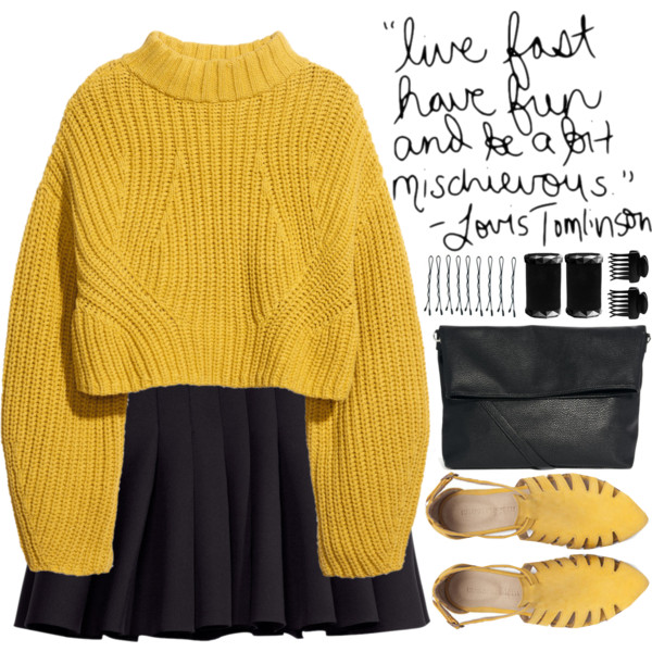 A fashion look from April 2015 featuring cropped sweater, short black skirt and leather flats. Browse and shop related looks.