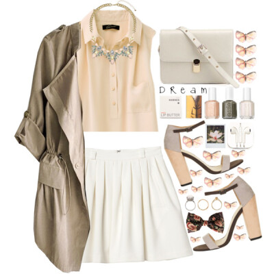 A fashion look from April 2015 featuring beige tops, long coat and pleated skirt. Browse and shop related looks.