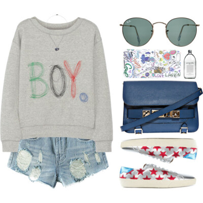 A fashion look from April 2015 featuring embroidered sweatshirts, jean shorts and Yves Saint Laurent. Browse and shop related looks.