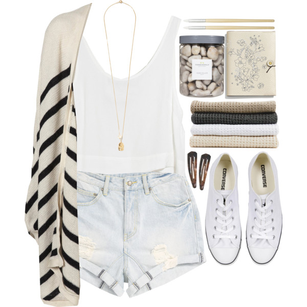 A fashion look from August 2014 featuring navy stripe cardigan, white tank top and denim short shorts. Browse and shop related looks.