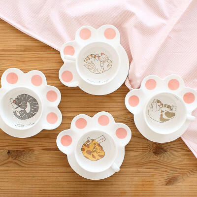  小猫咪马克杯套装 可爱卡通动物杯子 带托盘陶瓷杯 咖啡杯