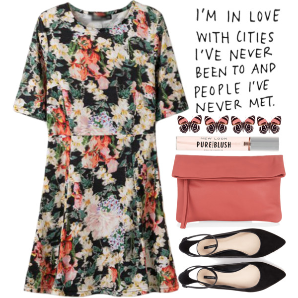 A fashion look from April 2015 featuring flower pattern dress, pointy toe ankle strap flats and fold over purse. Browse and shop related looks.