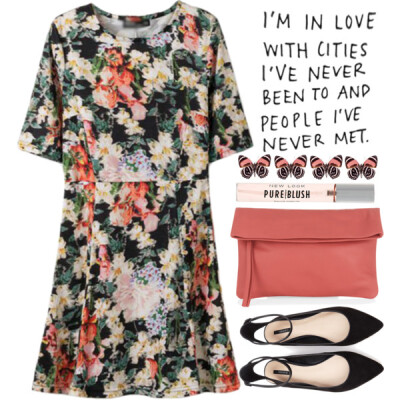 A fashion look from April 2015 featuring flower pattern dress, pointy toe ankle strap flats and fold over purse. Browse and shop related looks.