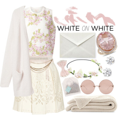 A fashion look from January 2015 featuring white cardigan, white shirt and pleated skirt. Browse and shop related looks.