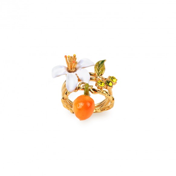 Bague 3 anneaux orange, petites pierres et fleur d'oranger