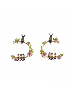 Boucles d'oreilles hirondelle et hirondeaux sur leur branche fleurie