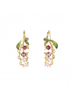 Boucles d'oreilles brin de muguet rose et feuilles