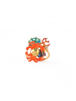 Bague petit crabe, corail et verre taillé