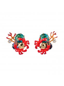 Boucles d'oreilles clip petit crabe, corail et verre taillé