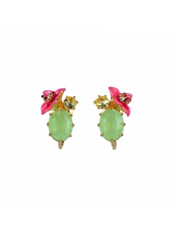 Boucles d'oreilles clip fleur imaginaire rose et verre taillé