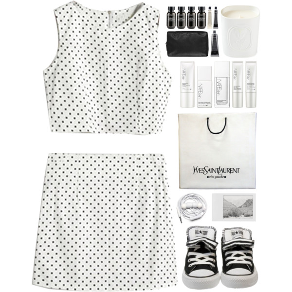 A fashion look from April 2015 featuring knee length pencil skirt, plimsoll sneaker and white tote. Browse and shop related looks.