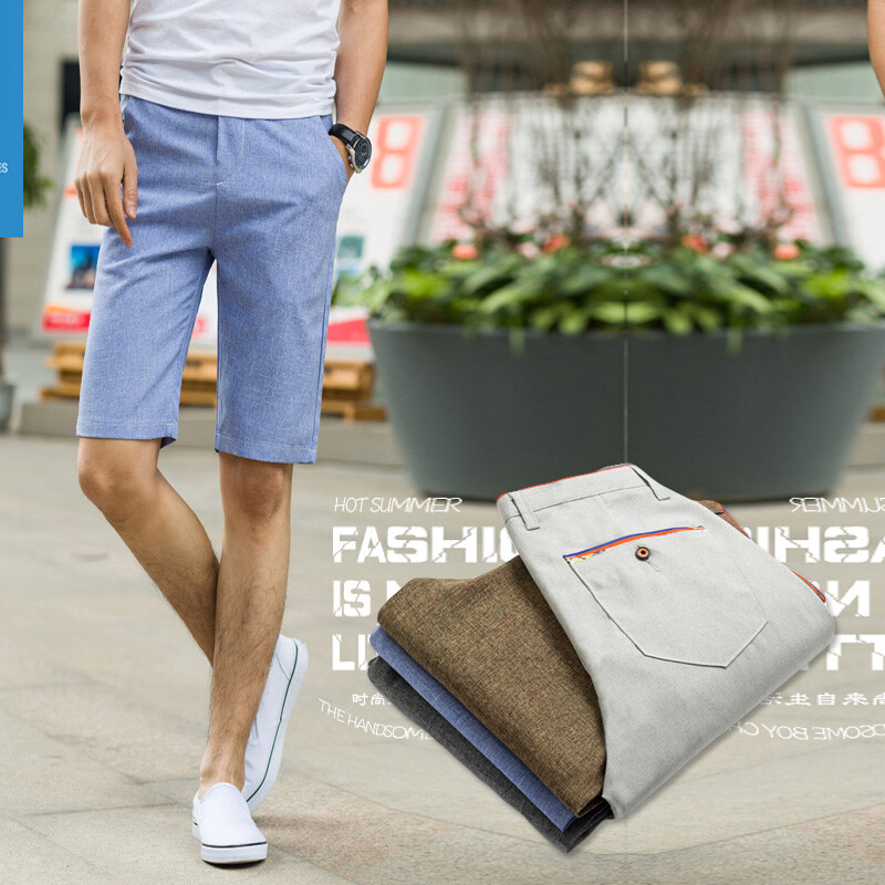 夏季新款男装亚麻五分裤时尚男式休闲裤修身棉麻薄款透气直筒短裤
