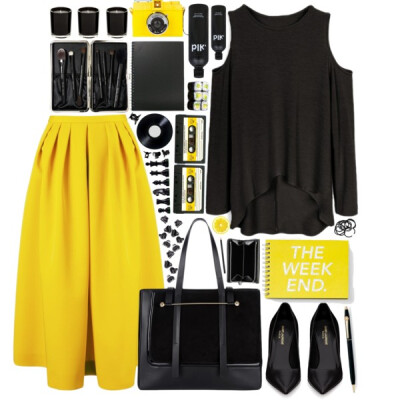 A fashion look from July 2014 featuring off shoulder top, yellow skirt and high heel pumps. Browse and shop related looks.