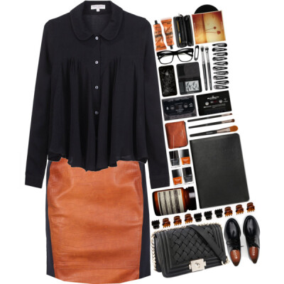 A fashion look from June 2014 featuring peter pan collar shirt, brown pencil skirt and black leather flats. Browse and shop related looks.