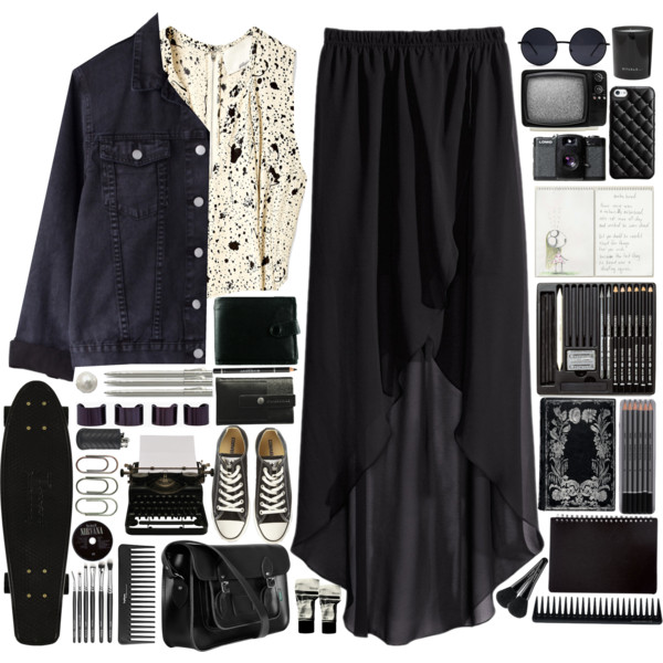 A fashion look from March 2014 featuring black maxi skirt, romper jumpsuit and converse sneakers. Browse and shop related looks.