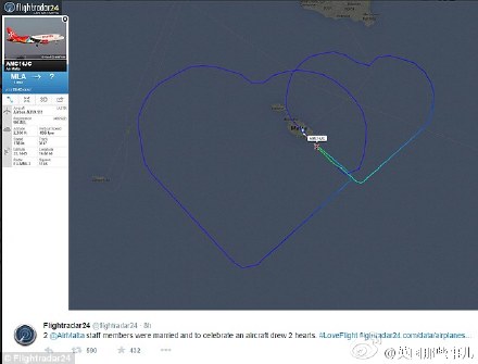 马耳他航空公司的一个飞行员跟公司里的一个空姐结婚了。。。 为了庆祝他们的新婚。。。 公司特地给他们批了一架包机。。。 围着马耳他飞出了两个这么大大的爱心的轨迹。。。有点赞！！
