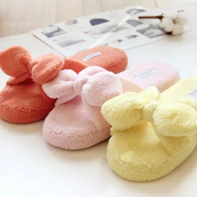 2双 糖果色软绵绵珊瑚绒大美蝴蝶结家居拖鞋 女款空调房拖鞋