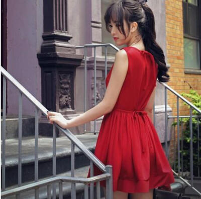 2015夏装韩国红色雪纺无袖收腰显廋中长款连衣裙短裙