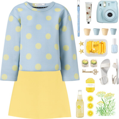 A fashion look from March 2015 featuring blue polka dot top, yellow a line skirt and ankle strap sandals. Browse and shop related looks.